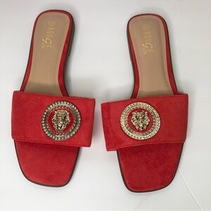 SIZE 11 Burnt Orange Red Sandals with Gold & Diamond Lion Animal Medallion